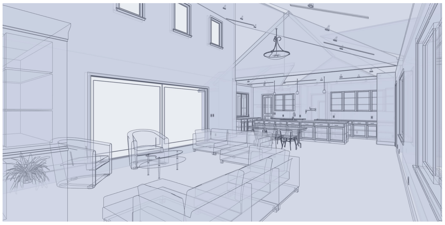Great room and kitchen, line rendering.